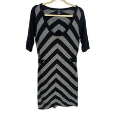 Club Monaco 100% Merino Wool Sweater Dress Black Gray Striped Winter Soft M