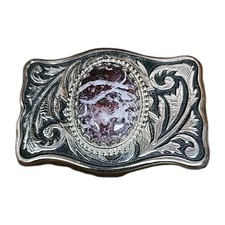 Western Belt Buckle Cowboy Stone Cappachino Jasper Scroll Silver Tone Vintage