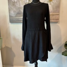 Lulus Black Ruffle Sleeve Dress NWT | Size M | Faux Wrap Skirt & Bell Cuff