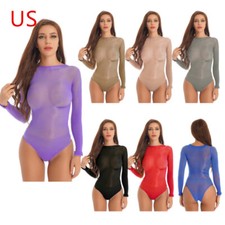 Women  s Glossy Sheer Leotard Tops Long Sleeve Round Neck Bodysuits Underwear