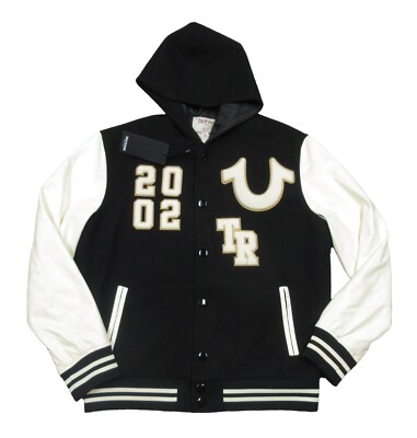 True Religion Men's Jet Black/Winter White Hooded Varsity Bomber Jacket 