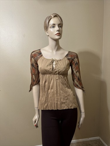 Women’s Beige Multicolour Polyester Stretch Sheer Leather Size M Blouse Top - Picture 2 of 21