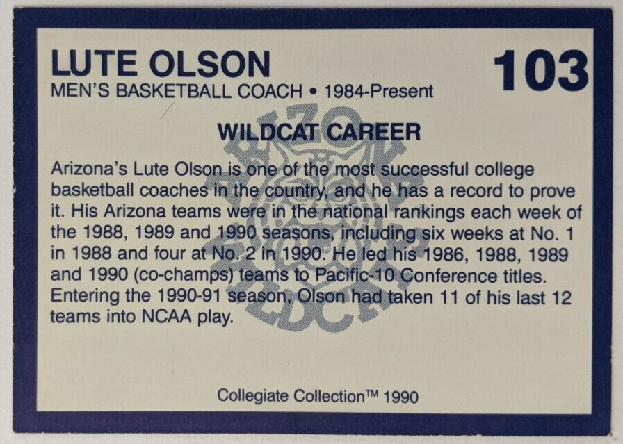 Lute Olson 1990 Collegiate Collection Arizona Wildcats 103 Basketball