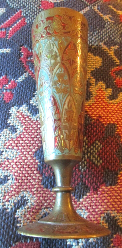 Ornate Vintage Brass Or Bronze Enamel Inlay Vase 6" Tall & 2 1/4" Wide - India