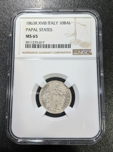 1863 R XVIII MS65 Italy Papal States Silver 10 Baiocchi NGC KM 1342b TOP POP!