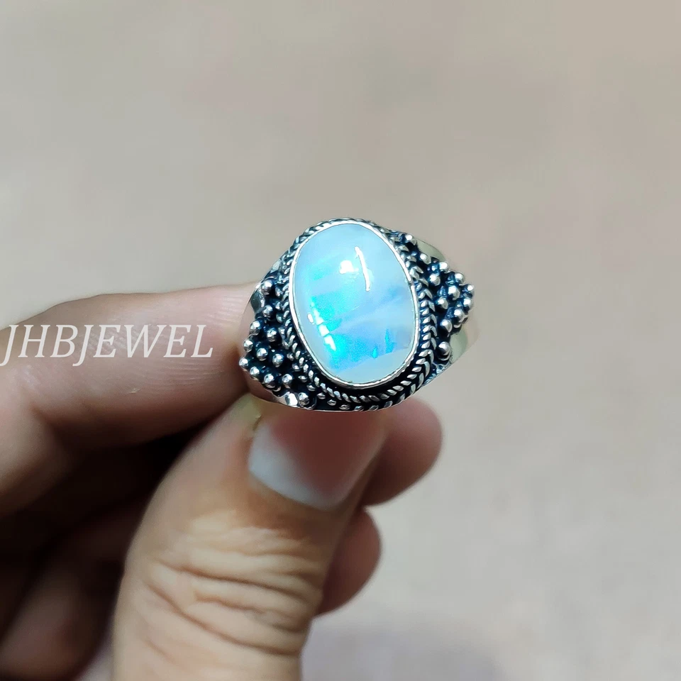 Anillo de plata esterlina 925 con piedras preciosas de fuego azul Labradori hecho a mano joyería Foto 3 de 4