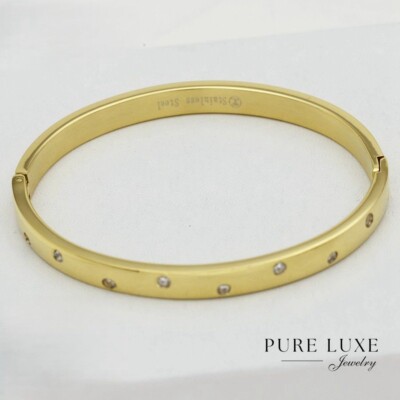Women's 6.5'' Stainless Steel 6mm Bangle CZ Eternity Bracelet*Gold plated.Box
