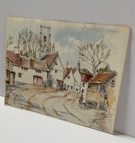 VINTAGE DOUBLE SIDED WATERCOLOUR PAINTING TOWN BUILDING CHURCH SIGNED DATED 1959 - Picture 10 of 24