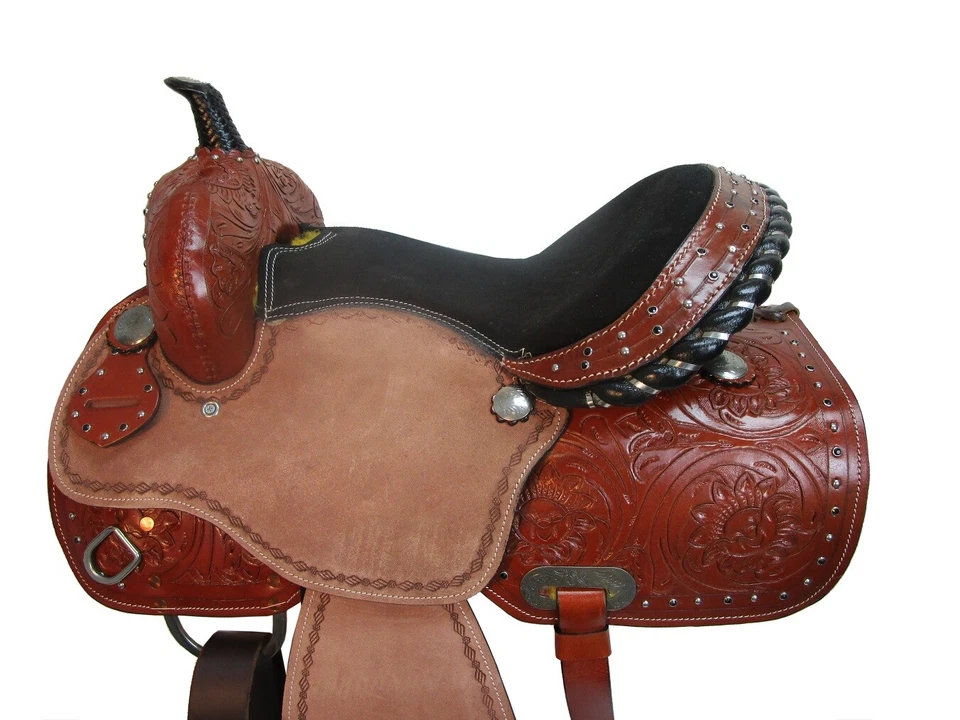 SILLA DE MONTAR OCCIDENTAL BARRIL CARRERAS PLACER 15 16 17 18 CUERO USADO CABALLO SENDERO TACHUELA Foto 3 de 4