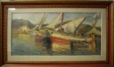 OIL PAINTING DIPINTO a olio su faesite RENZO MARTINI 80 X 39,5 BARCHE LIVORNO
