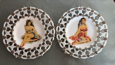 ANTIQUE OPALINE PLATES WITH PIN UP DECALS, 1930s
