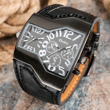 OULM Dual Time Zone Irregular Dial Leather Band Men Army Quartz Wrist Watch Gift