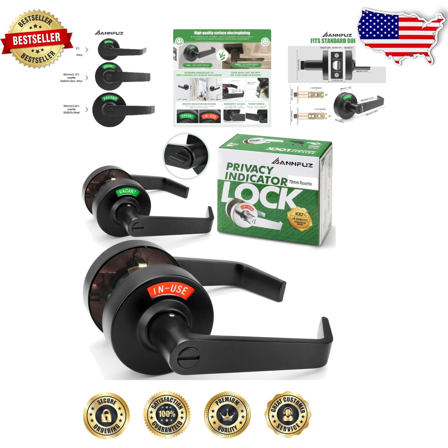 Matte Black Privacy Door Lock with In-Use Vacant Indicator - ANSI Grade 2-image