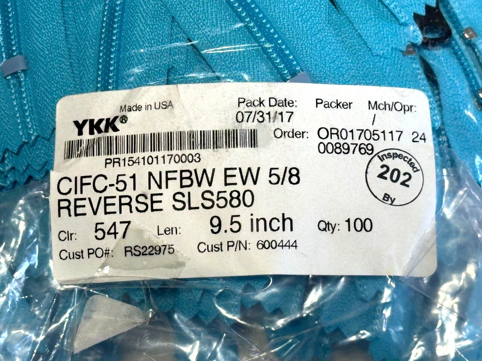 New YKK Color Blue #547 Nylon Coil Jacket Zipper - 100 Pack - Length 9.5" - Image 3 of 4