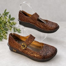 Alegria Brown Tooled Leather Paloma Mary Jane Shoes EU 39 US 8-8.5 UK 6