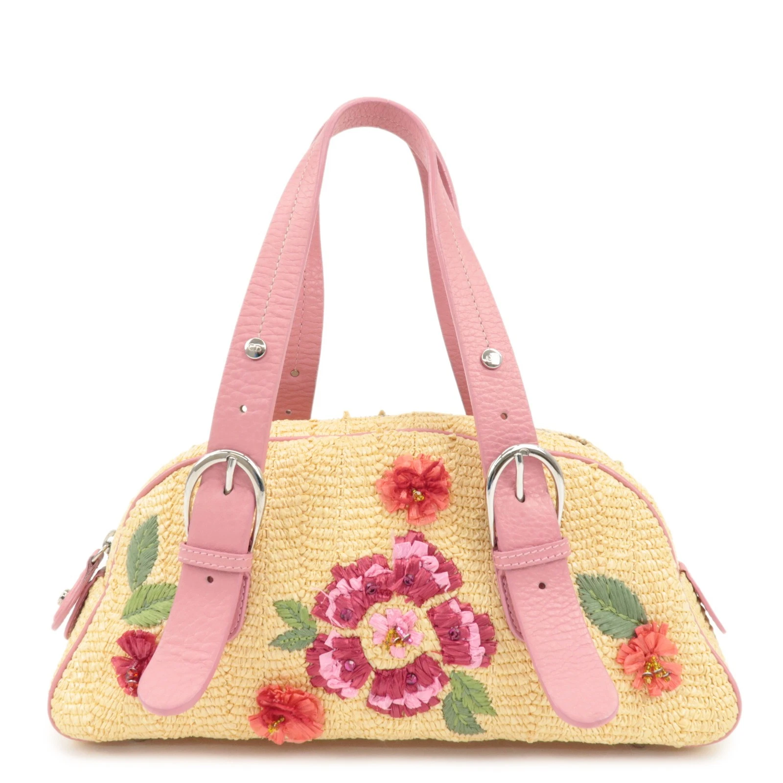 Authentique sac à main Christian Dior cuir paille raphia rose naturel occasion F/S