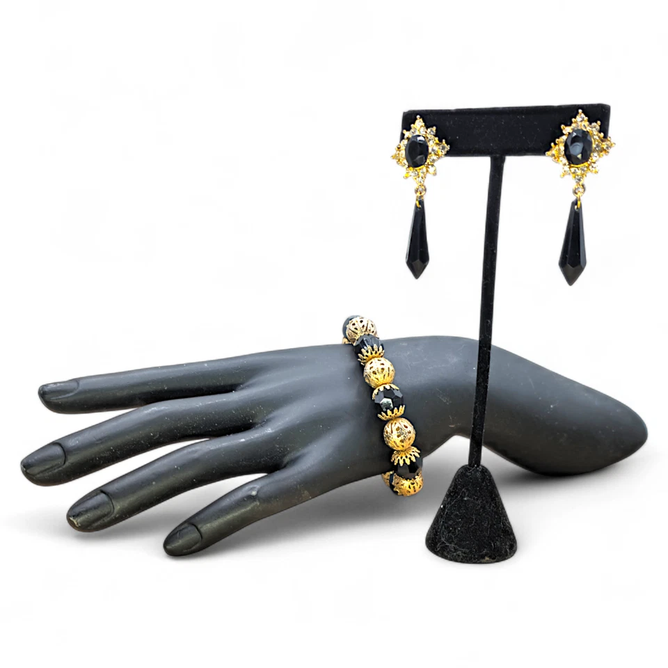 Conjunto de joyas elásticas de renacimiento victoriano negro y dorado Foto 2 de 4