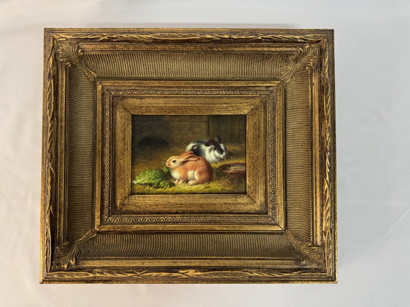 Gilded Framed Signed Medium Sized Oil Painting Bunny Rabbit's Antique Style chic