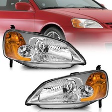 Pair Headlights Assembly For 2001-2003 Honda Civic 2door4door Chrome Headlamps