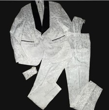 Men's White Floral Jacquard Slim Fit Tuxedo Suit 3pc size XL