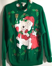Vintage Christmas Sweatshirt Green Size Med Bear Graphic Made in USA BJ Frog
