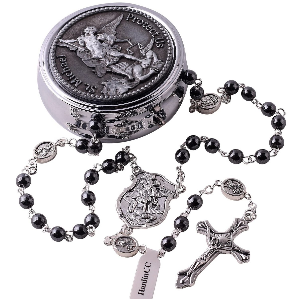 HanlinCC Saint Michael the Archangel Hematite Black Stone Beads