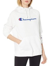 Champion womens Powerblend Fleece Hoodie, Script Logo Hooded Sweatshirt, White-y