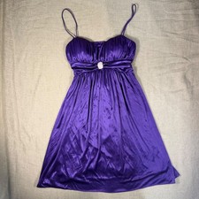 Y2K Morgan & Co Purple Satin Cocktail Mini Dress Spaghetti Strap Brooch Size S