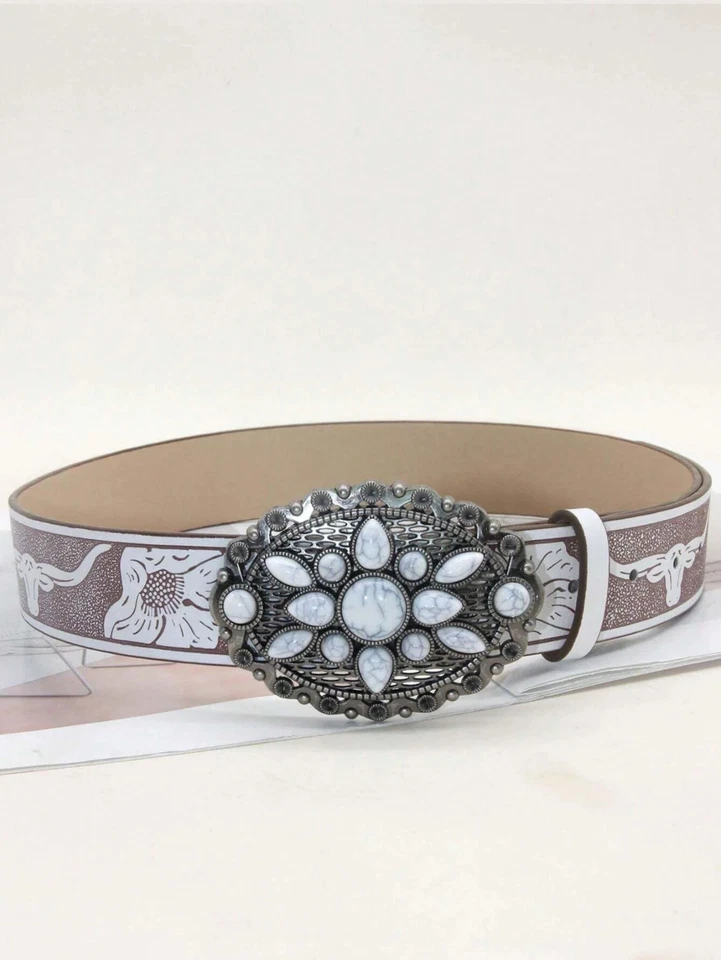CINTURÓN MUJER WESTERN CUERO ESTAMPADO BLANCO PIEDRA BLANCA Talla M longitud del cinturón es 41 Foto 2 de 4