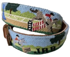 Handmade Needlepoint Horse Equestrian Leather Belt Brass Buckle VTG