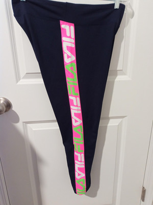 Fila Women's Leggings Navy W/Pink/White/Lime Green Lettering Down Sides Large...
