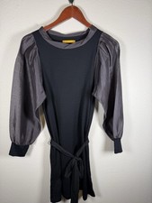 Alice Olivia Black Gray Wool Dress Linen Silk Blend Puff Sleeves S