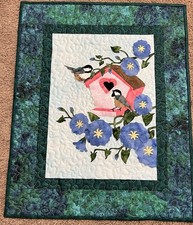 Handmade Art Quilt/Wall Hanging Birds w/Birdhouse in Flowers Applique 17" x 21"