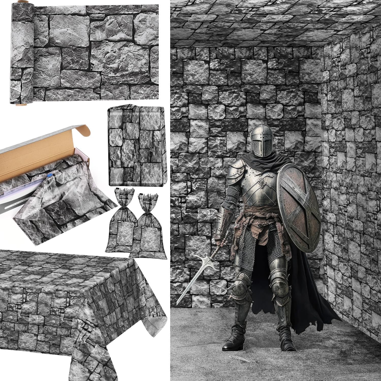 Medieval Brick Stone Wall Tablecloth Roll with Cutter Box Di