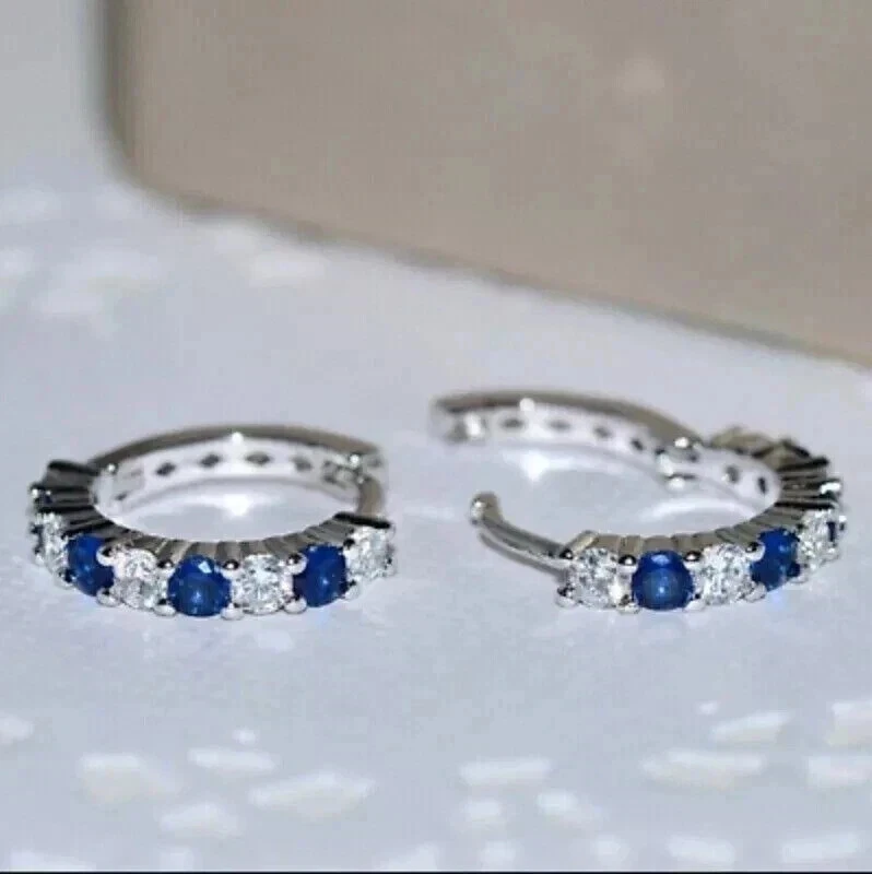 2Ct Round Lab Created Blue Sapphire Huggie Hoop Earrings 14K White Gold Plated - Image 2 of 4