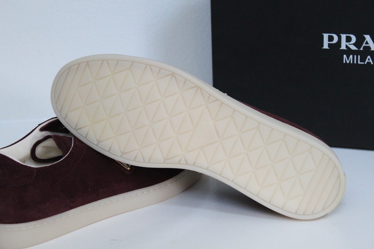 sz 8 / 7 UK PRADA Bordeaux Suede Lane Logo Low Top Lace up Sneaker