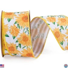 LaRibbons 2.5" x 10 Yards Fall Wired Ribbon - Reversible Sunflower & Stripes