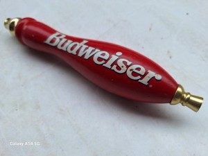 Vintage Red Budweiser Beer Tap Handle 12” White Script Threaded Base Gold Accent