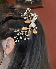 Bride Wedding Hair Vine Pearl Bridal Headpieces Leaf Hair Accessories c-gold