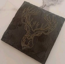 X4 LASER ENGRAVED STAG HEAD SLATE COASTERS PUB SHED MAN CAVE XMAS GIFT PRESENT