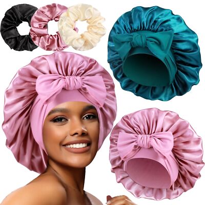 2+3 Large Satin Bonnets with Scrunchies for Women Hair Bonnet