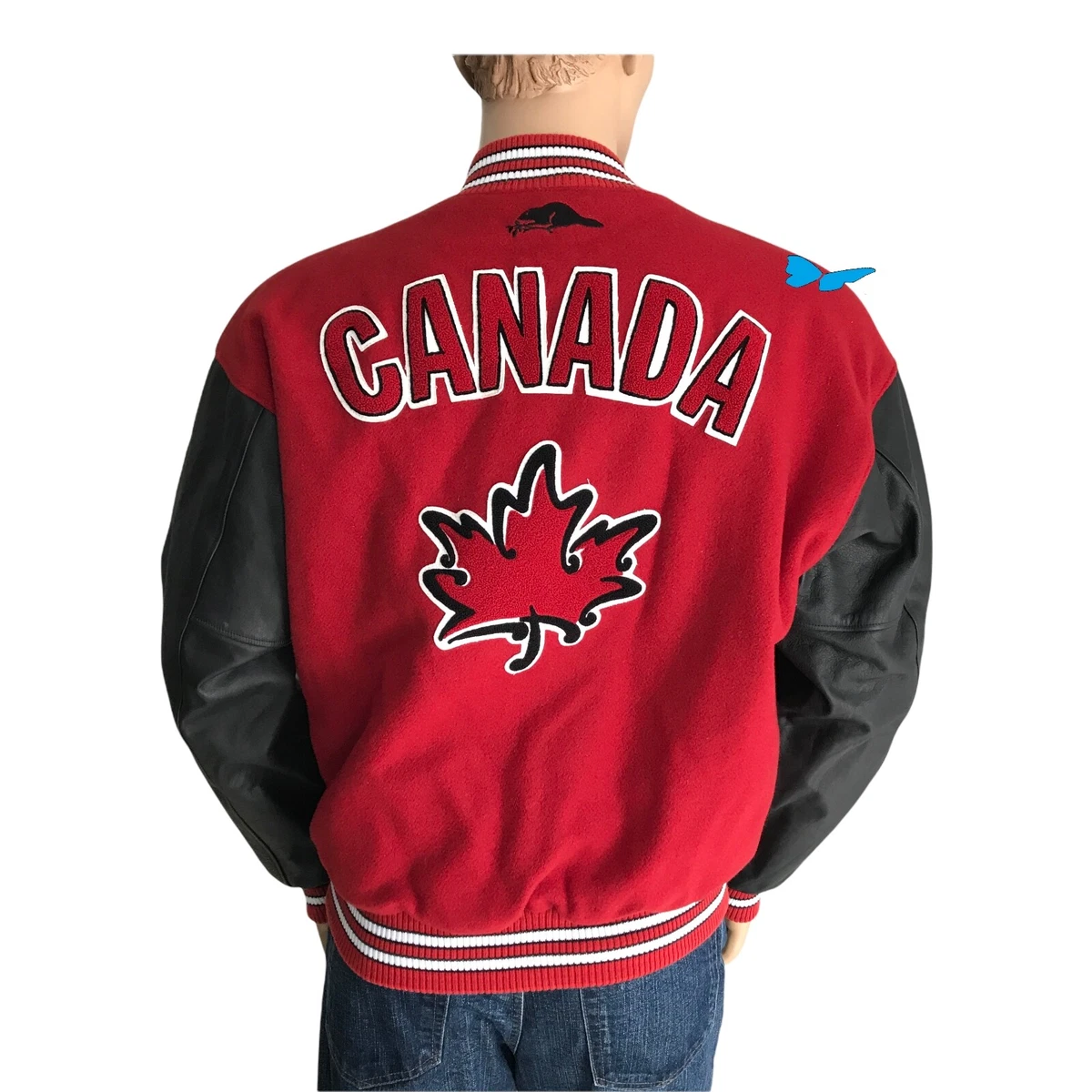 ROOTS Athletics Canada Leather Wool Bomber Jacket Sz XL Black Red Varsity |  eBay