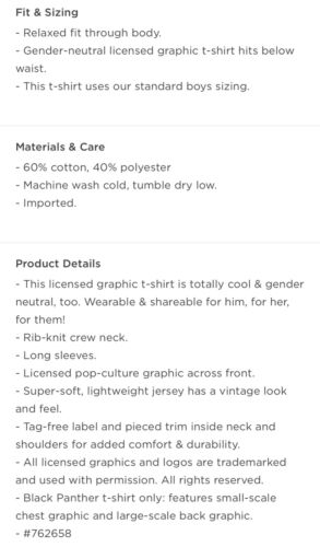 Old Navy Kids Size Large (10-12) ~ Long Sleeve Tee T-Shirt .. Black Panther $17 - Picture 3 of 3
