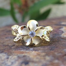 Hawaiian Silver Gold Leaves Plumeria Flowers CZ Wedding Ring Band 12mm SR3285