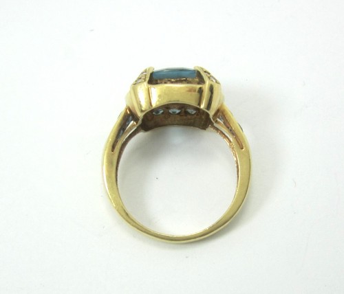 BELLISSIMO ANELLO DONNA ORO 14K CUSCINO TAGLIO PIETRA BLU E DIAMANTE 0,24TDW 4,8G - Foto 6 di 13