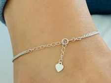 Genuine 925 Sterling Silver Chain Anklet Women Girls Children Flat Heart Tag
