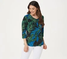 Susan Graver Women's Top Sz L Printed Liquid Knit V-neck Sleeve Green A225581