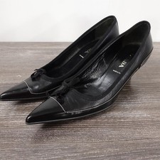 Prada Pump Womens Size 37.5 7 Black Leather Kitten Heel Pointed Toe Bow Italy