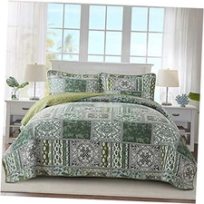  Cotton Bedspread Quilt Sets-Reversible Patchwork King Green Classic Bohemian