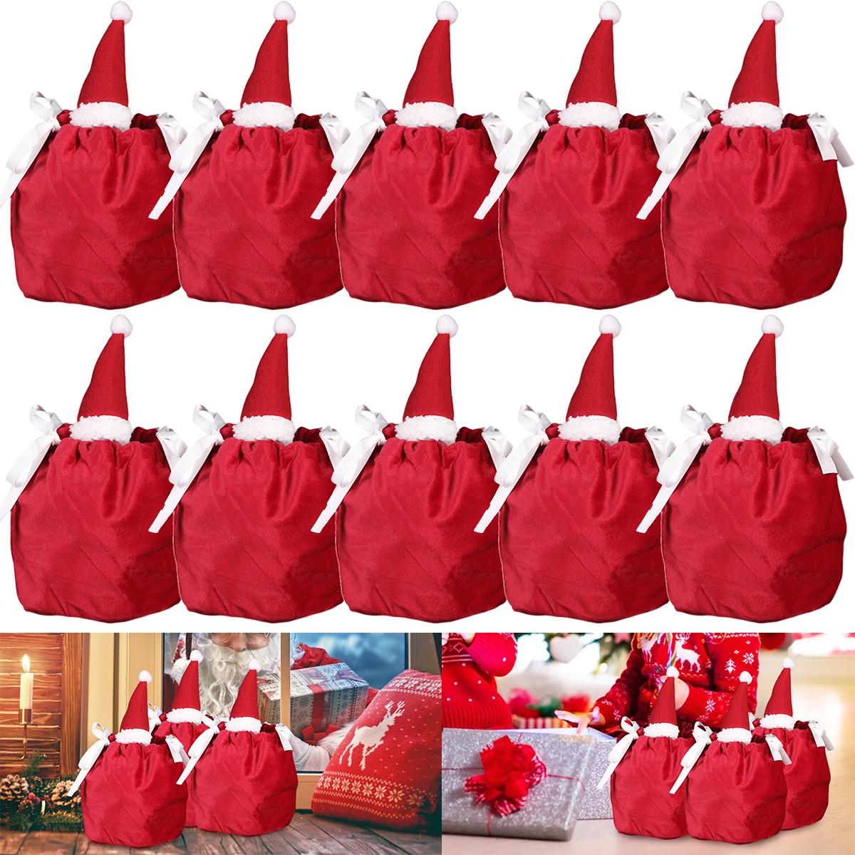 Christmas Gift Bags for Candy or Other Gifts, 5 Pcs, Santa Hat Design